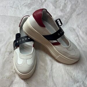 Steve Madden White Mary Jane Sneakers with Black Strap & Burgundy Heel